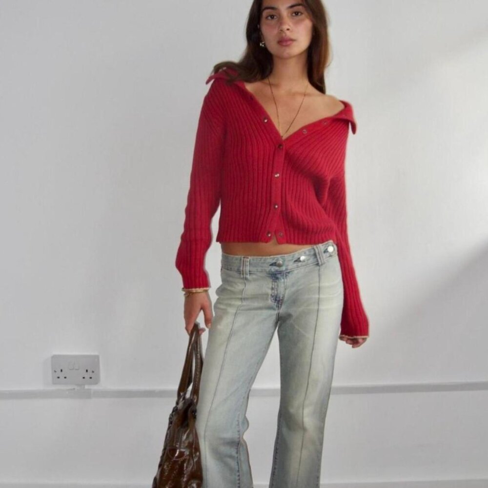 Vintage Armani Jeans Cherry Red Button Cardigan Knit Ribbed Cotton Sweater